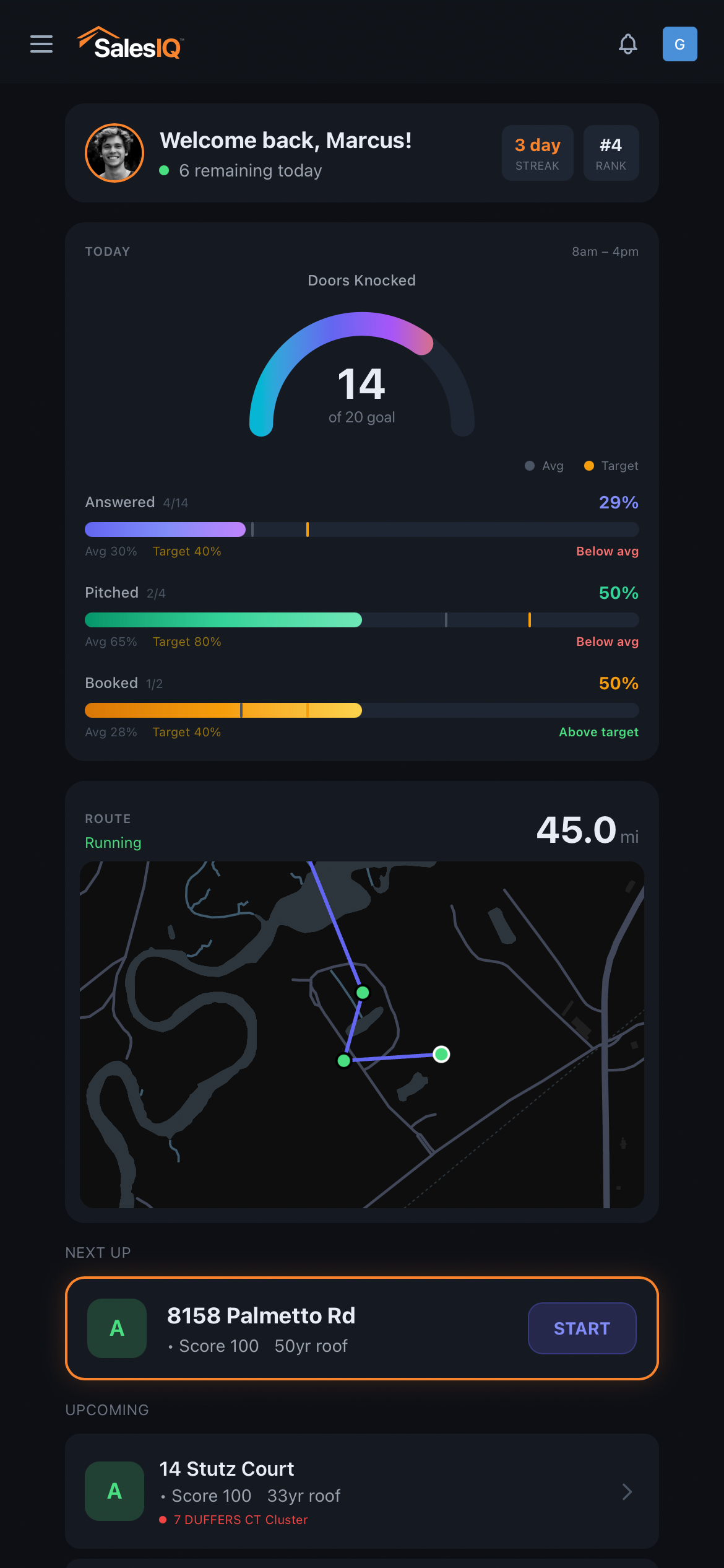 SalesIQ roofing application showing a sales rep’s daily progress, route and next property